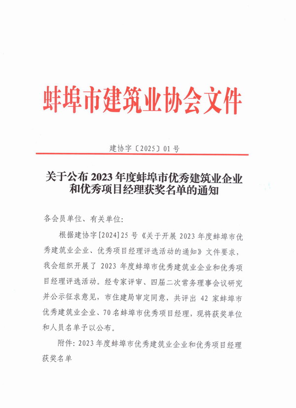 喜 訊 ——集團公司榮獲“2023年度蚌埠市優(yōu)秀建筑業(yè)企業(yè)”稱號